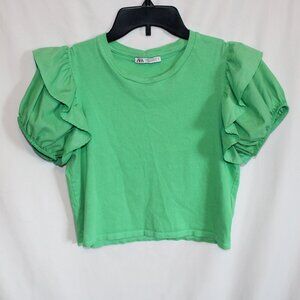 ZARA Emerald Green Cropped Puff Ruffle Short Sleeve Pullover Top T-Shirt - Small